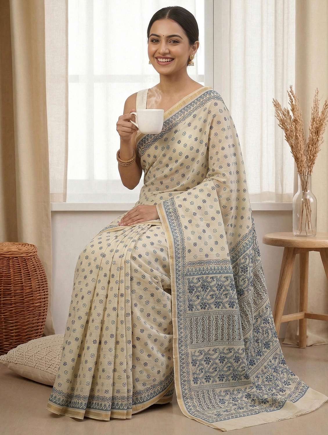 Women Printed Handloom Saree With Blouse - 22489494 -  Standard Image - 3