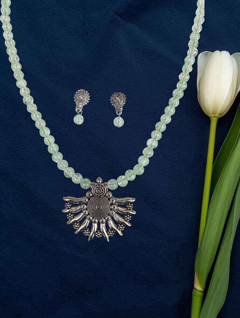 ethnic big pendant artificial oxidised necklace set with earrings sea green
