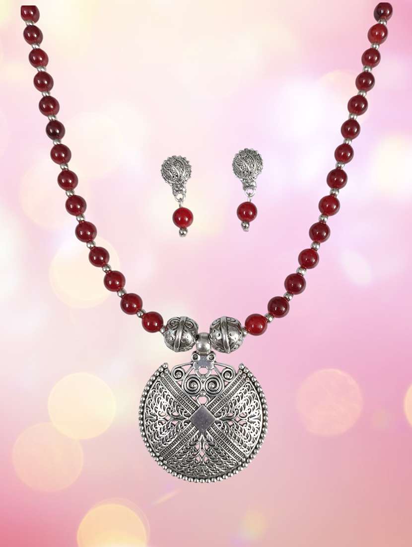 ethnic big pendant necklace and earrings set red
