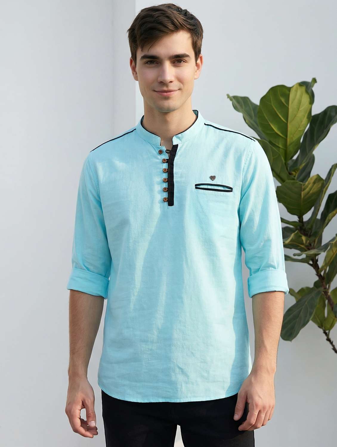 men solid mandarin neck short kurta