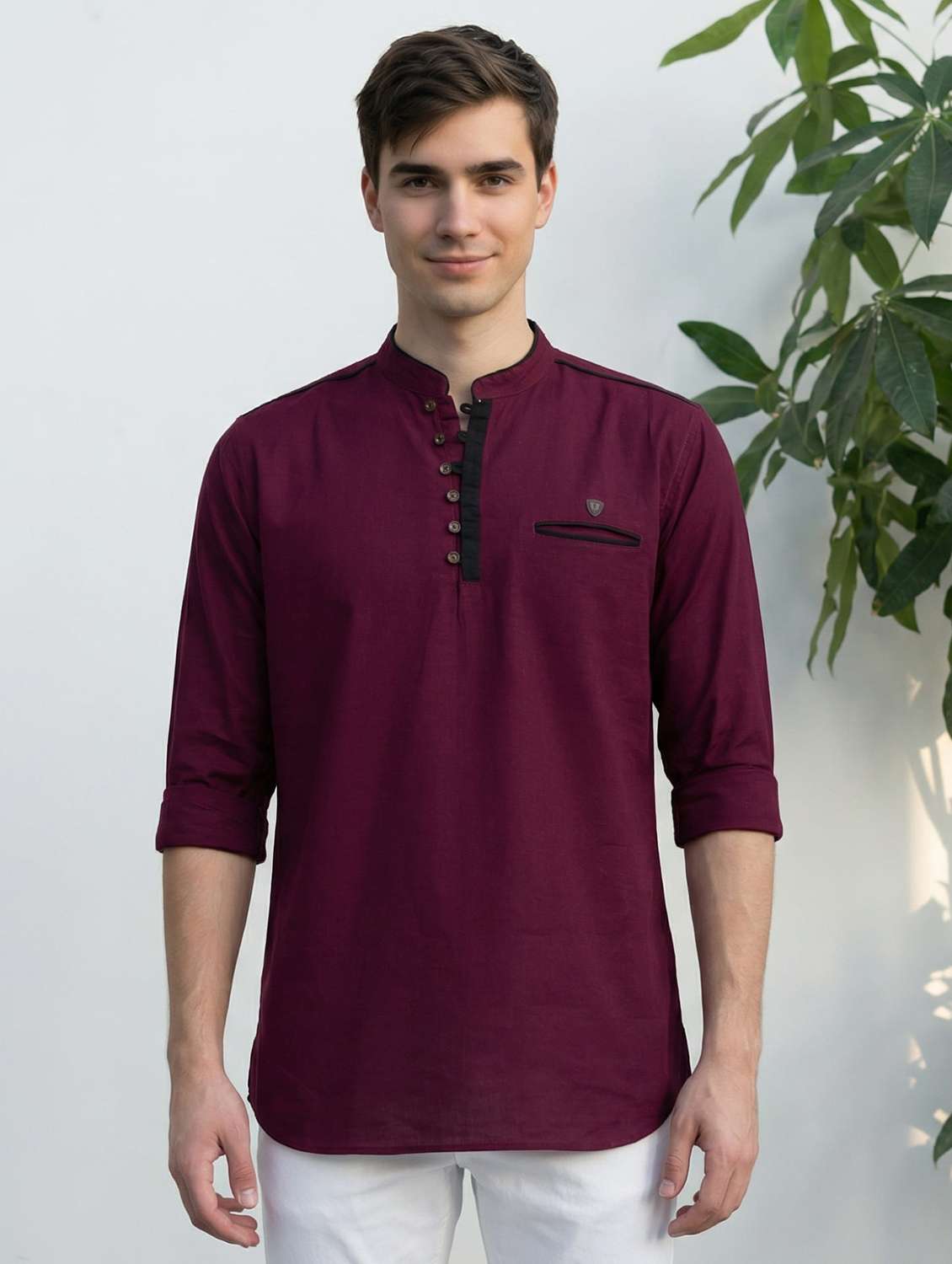 men solid mandarin neck short kurta
