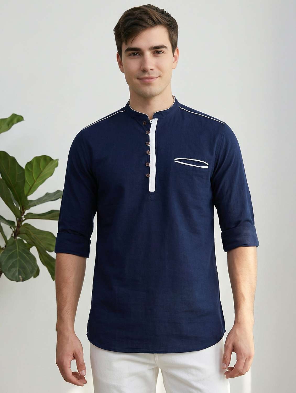 men solid mandarin neck short kurta