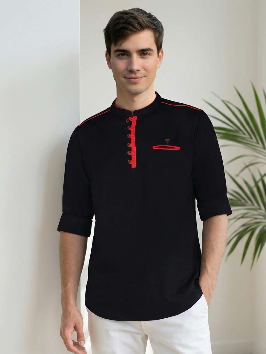 men solid mandarin neck short kurta