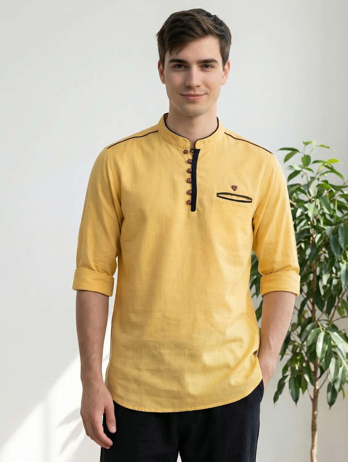 men solid mandarin neck short kurta
