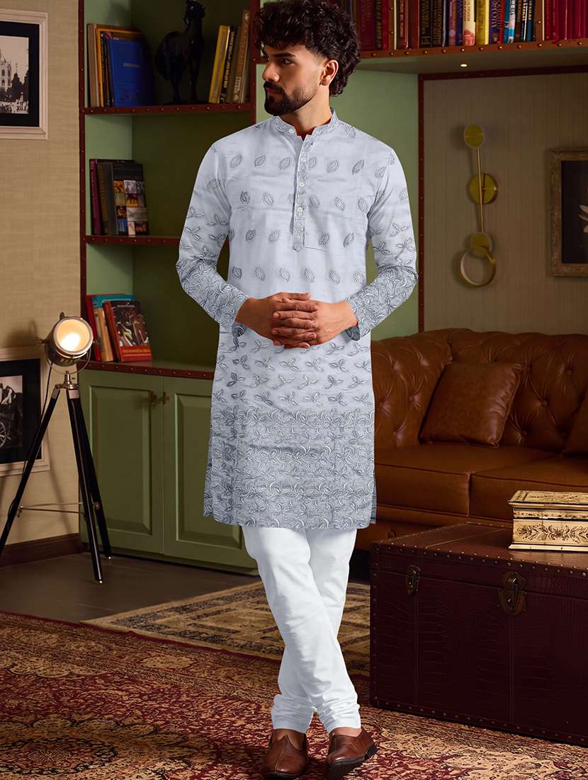 men solid with work mandarin neck kurta pyjama set