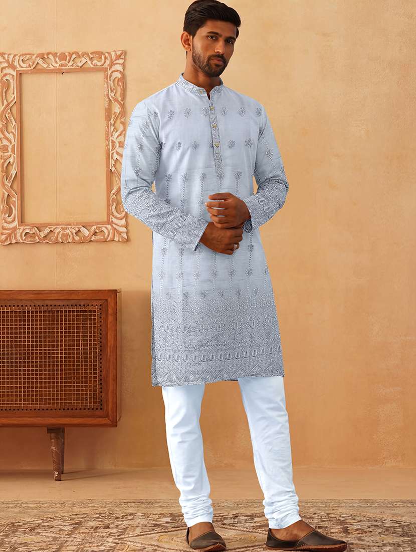 men solid with work mandarin neck kurta pyjama set