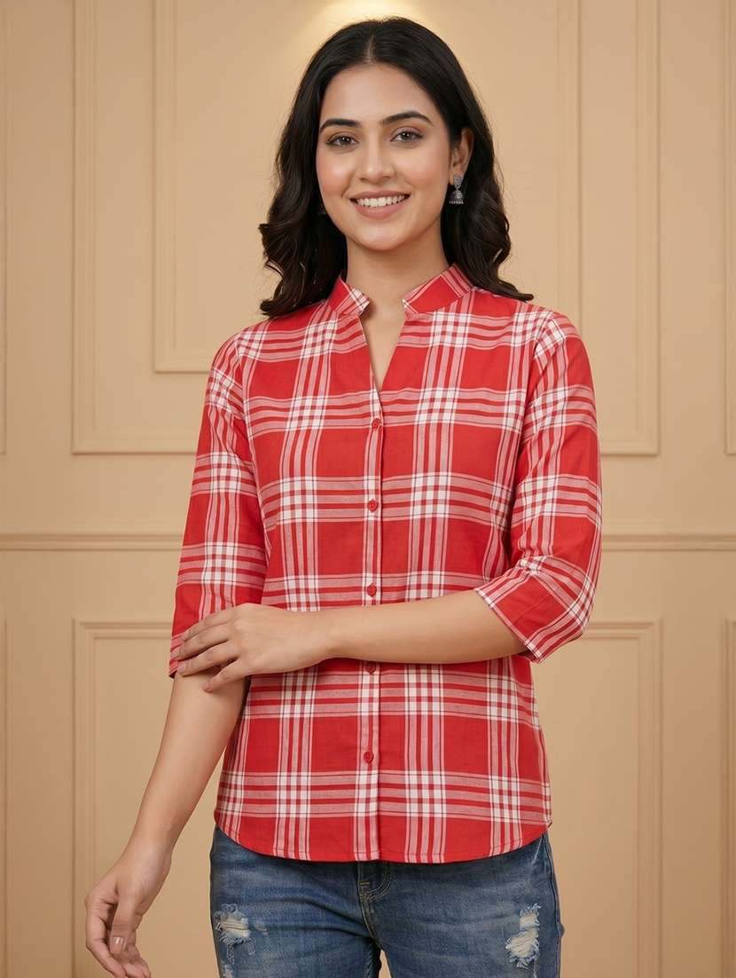 women checkered three quarter sleeves regular shirt