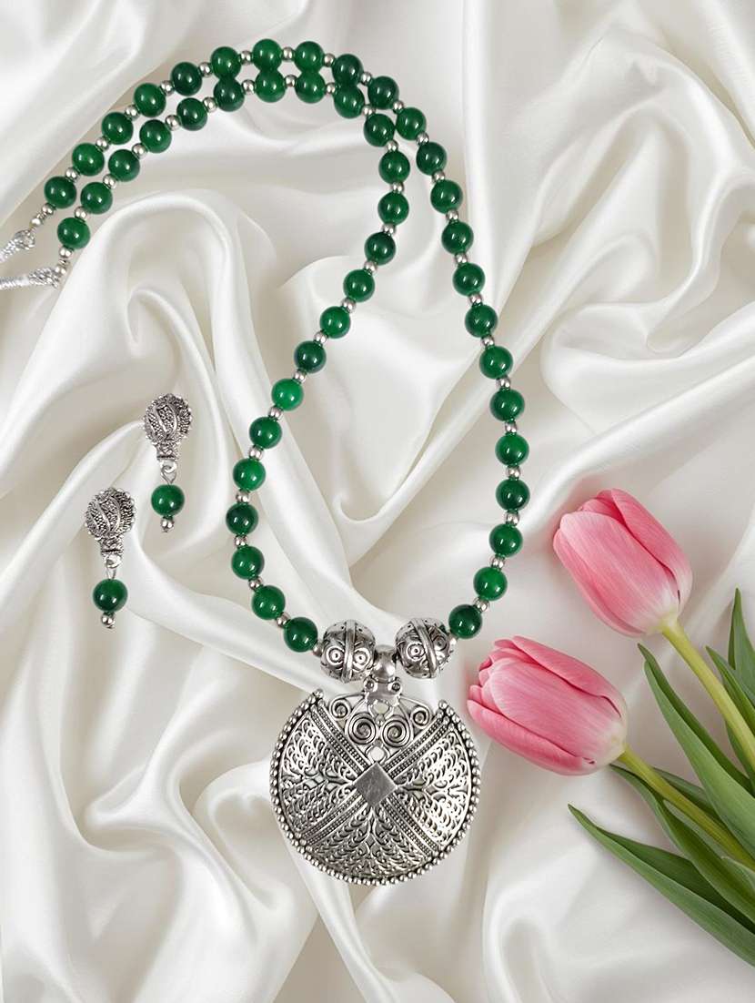 oxidized metal green necklace set with earrings