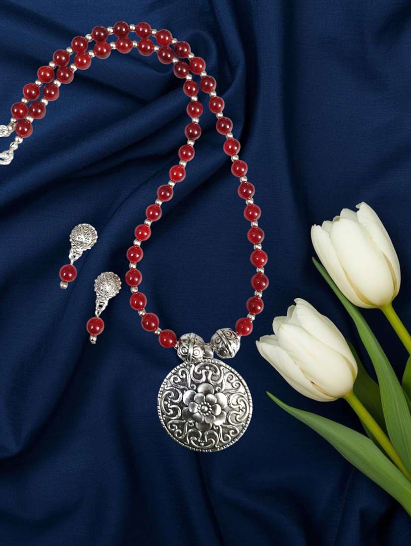  oxidized silver red bead necklace and earring set