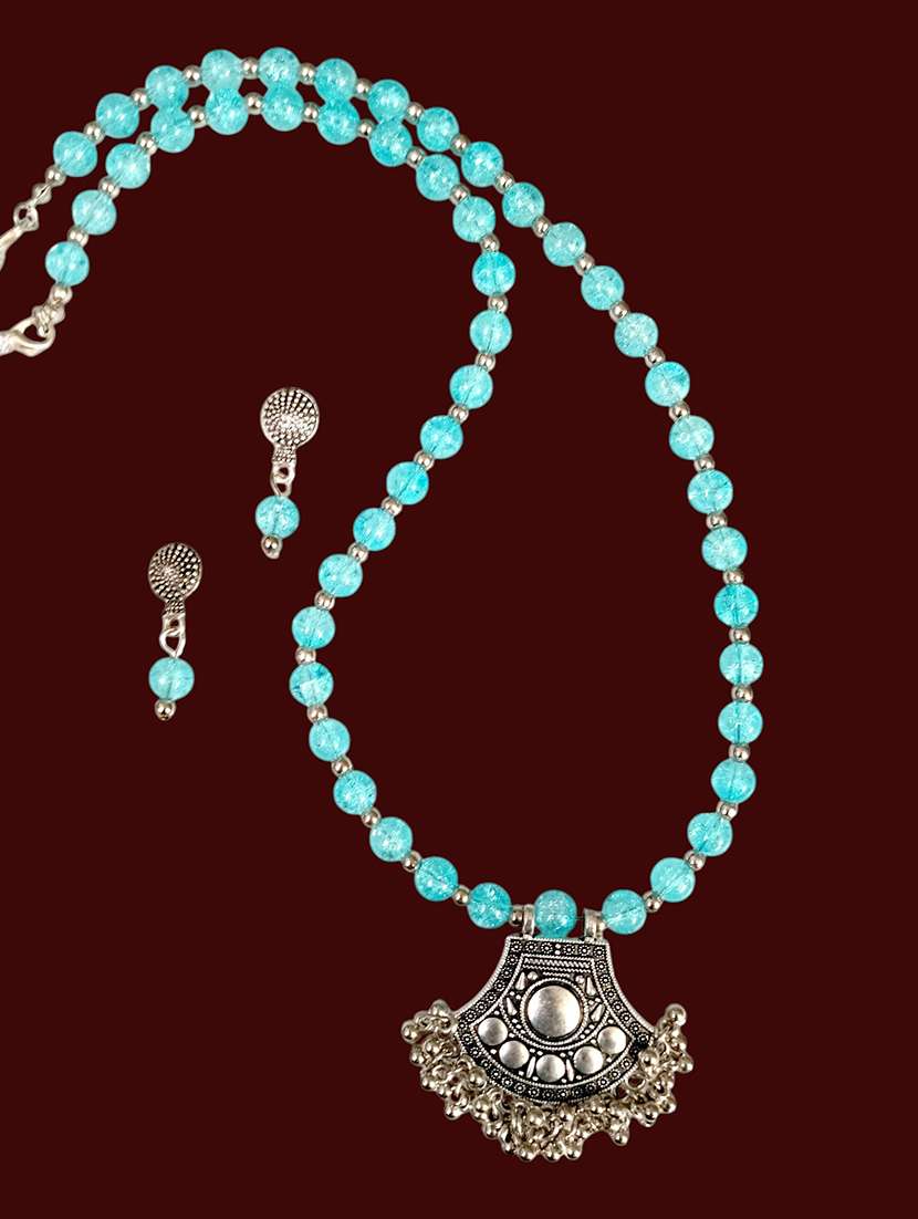 oxidized metal necklace set with blue beads and earrings