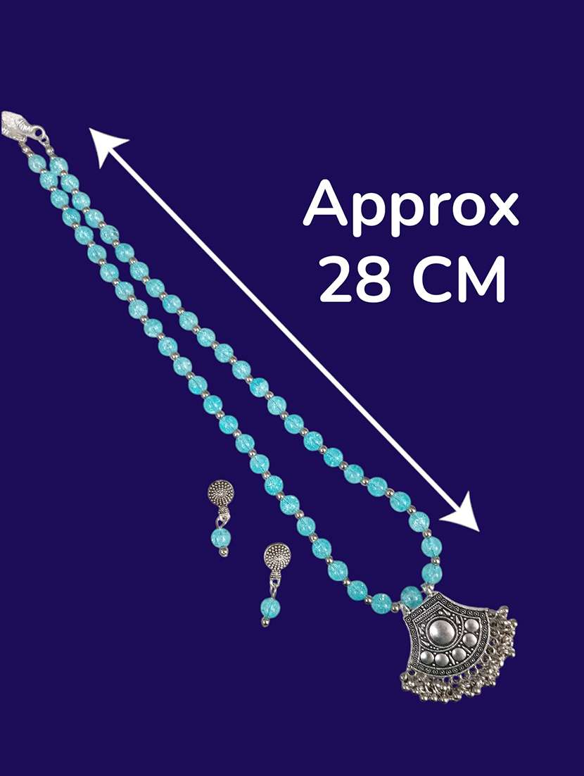 Oxidized Metal Necklace Set With Blue Beads And Earrings - 22489775 -  Standard Image - 3