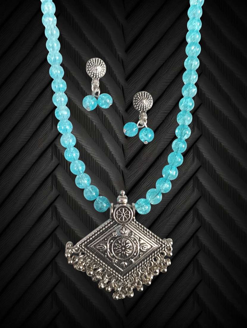 blue oxidised metal necklace and earrings set