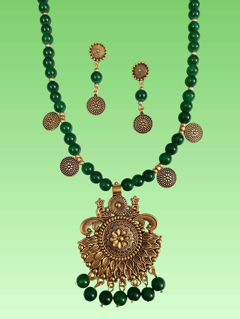 ethnic green oxidized metal necklace and earrings set