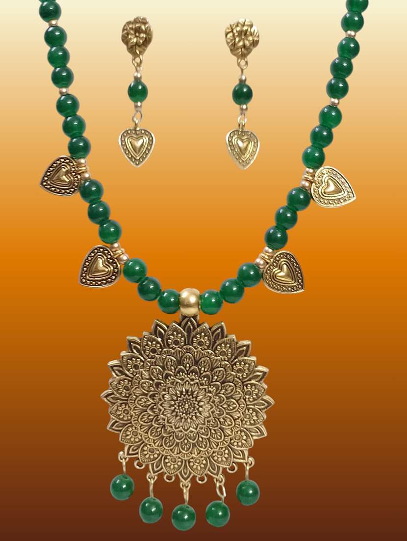 traditional big pendant oxidised necklace set with earrings - green