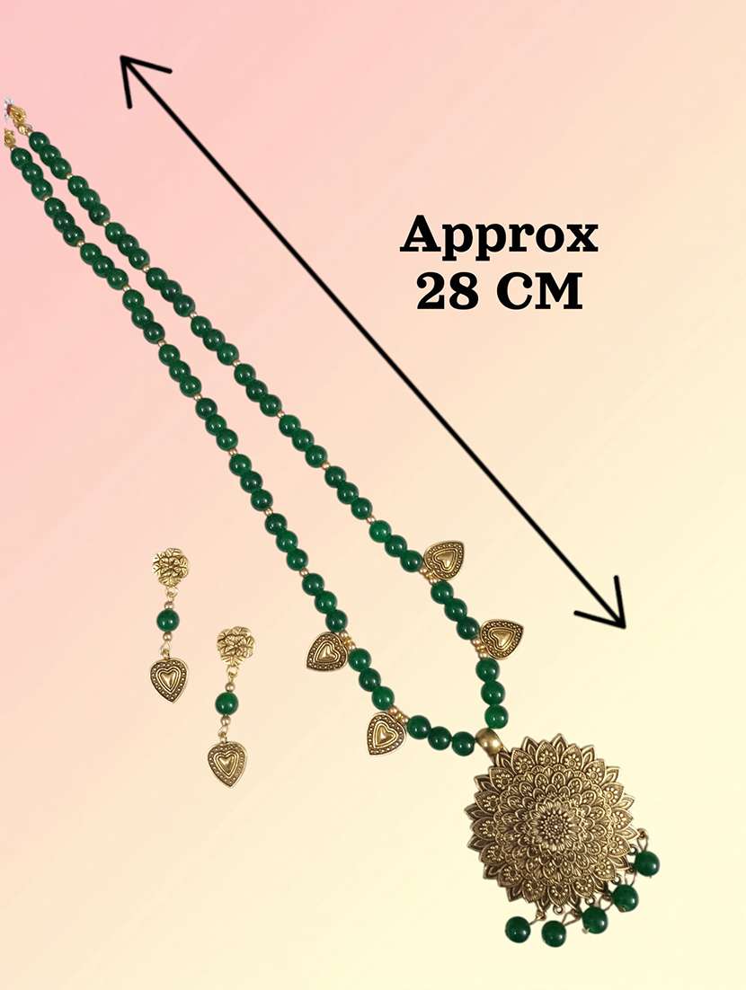 Traditional Big Pendant Oxidised Necklace Set With Earrings - Green - 22489782 -  Standard Image - 3