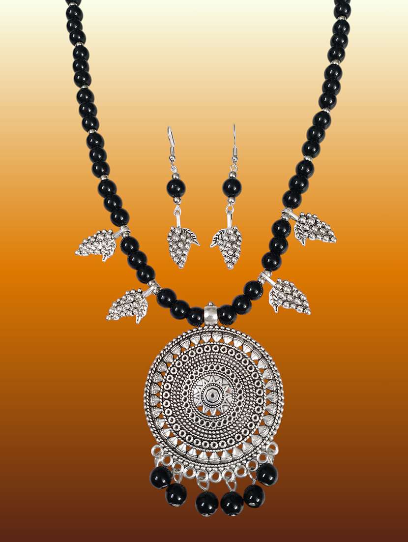 oxidized black metal pendant necklace and earrings set for women