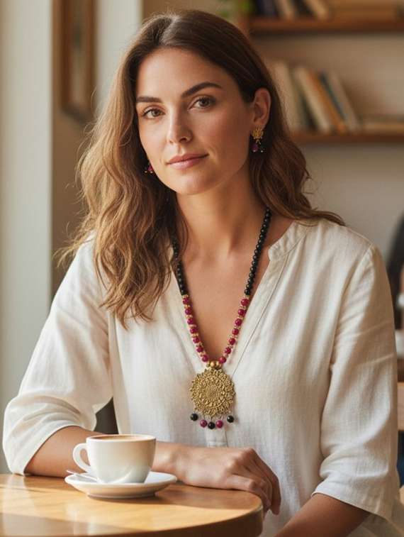 ethnic big pendant necklace set with earrings - black & magenta - 22489787 -  Standard Image - 3