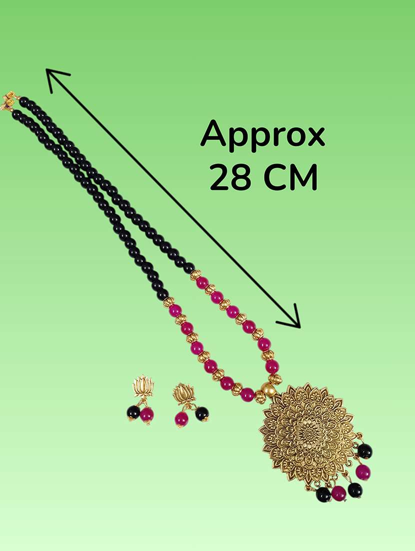 ethnic big pendant necklace set with earrings - black & magenta - 22489787 -  Standard Image - 5