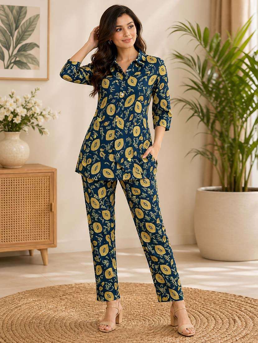 women teal rayon top and trouser set co-ord