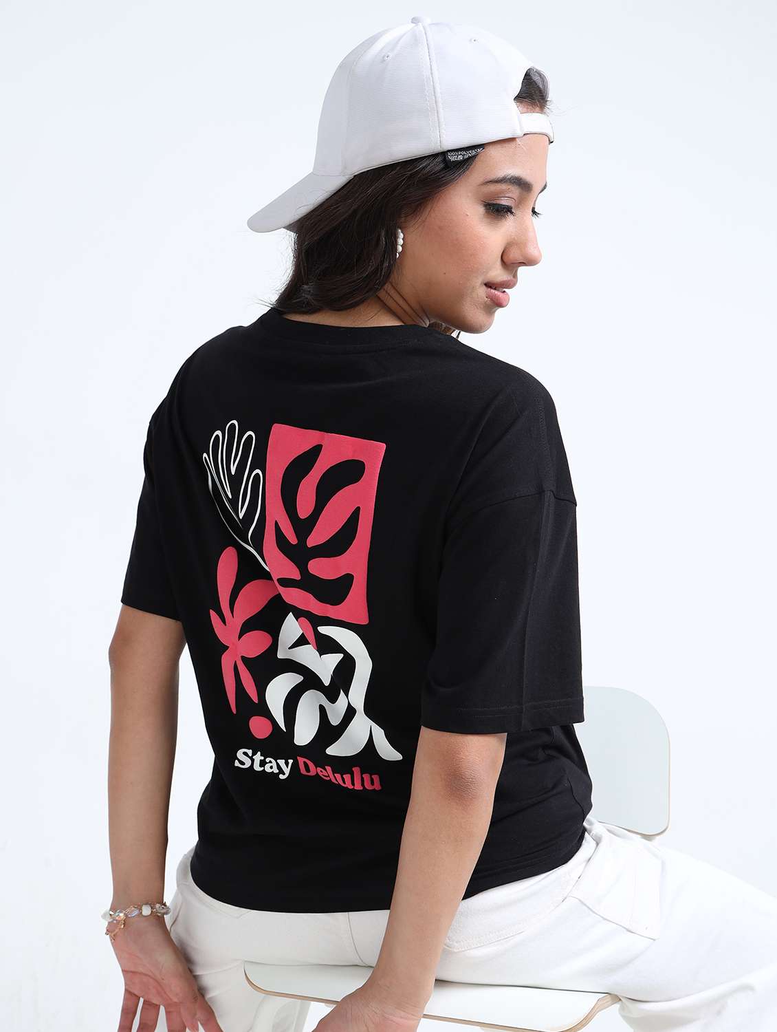 girls black cotton oversized fit round neck t-shirt