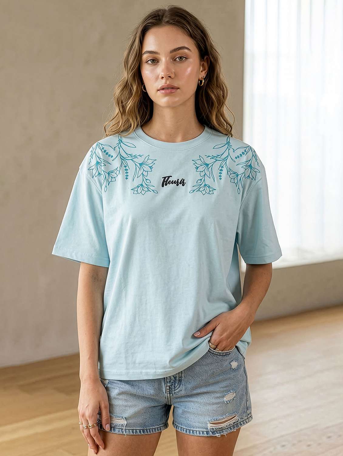 women blue cotton boxy t-shirt