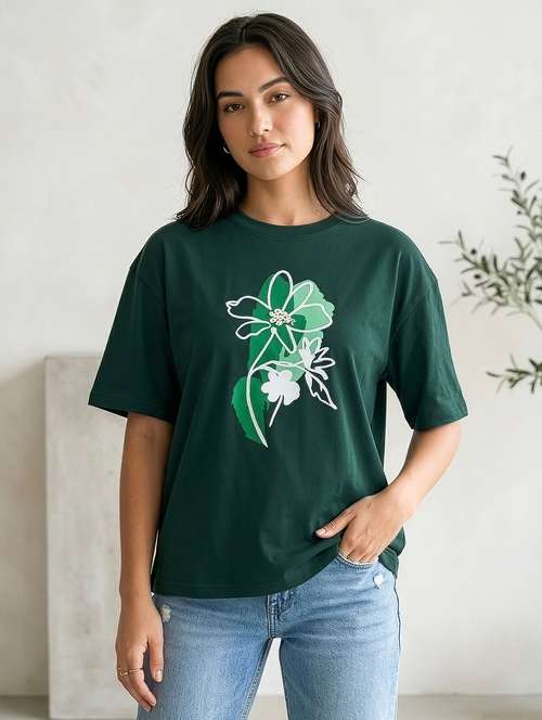Women Bottle Green Cotton Boxy T Shirt
