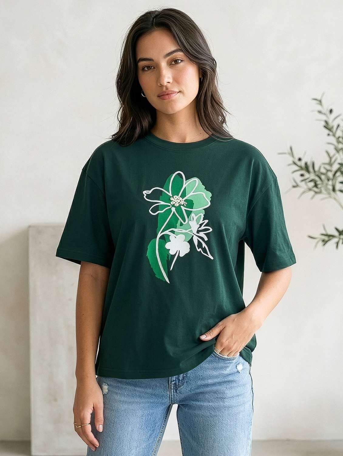 women bottle green cotton boxy t-shirt