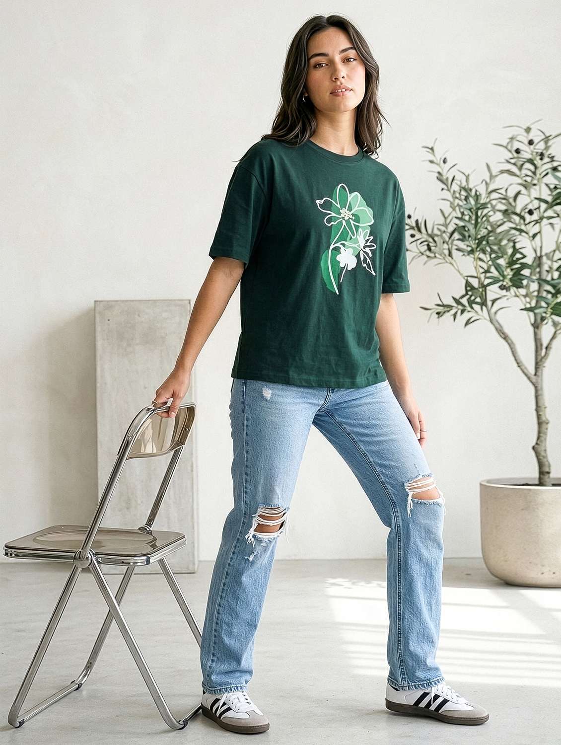women bottle green cotton boxy t-shirt - 22489837 -  Standard Image - 3