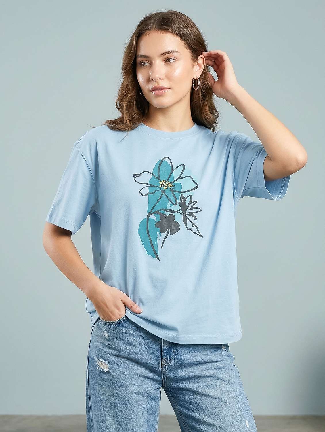 girls blue cotton round neck graphic print oversized t-shirt
