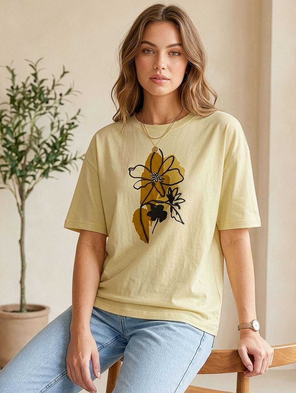 women yellow cotton boxy t-shirt