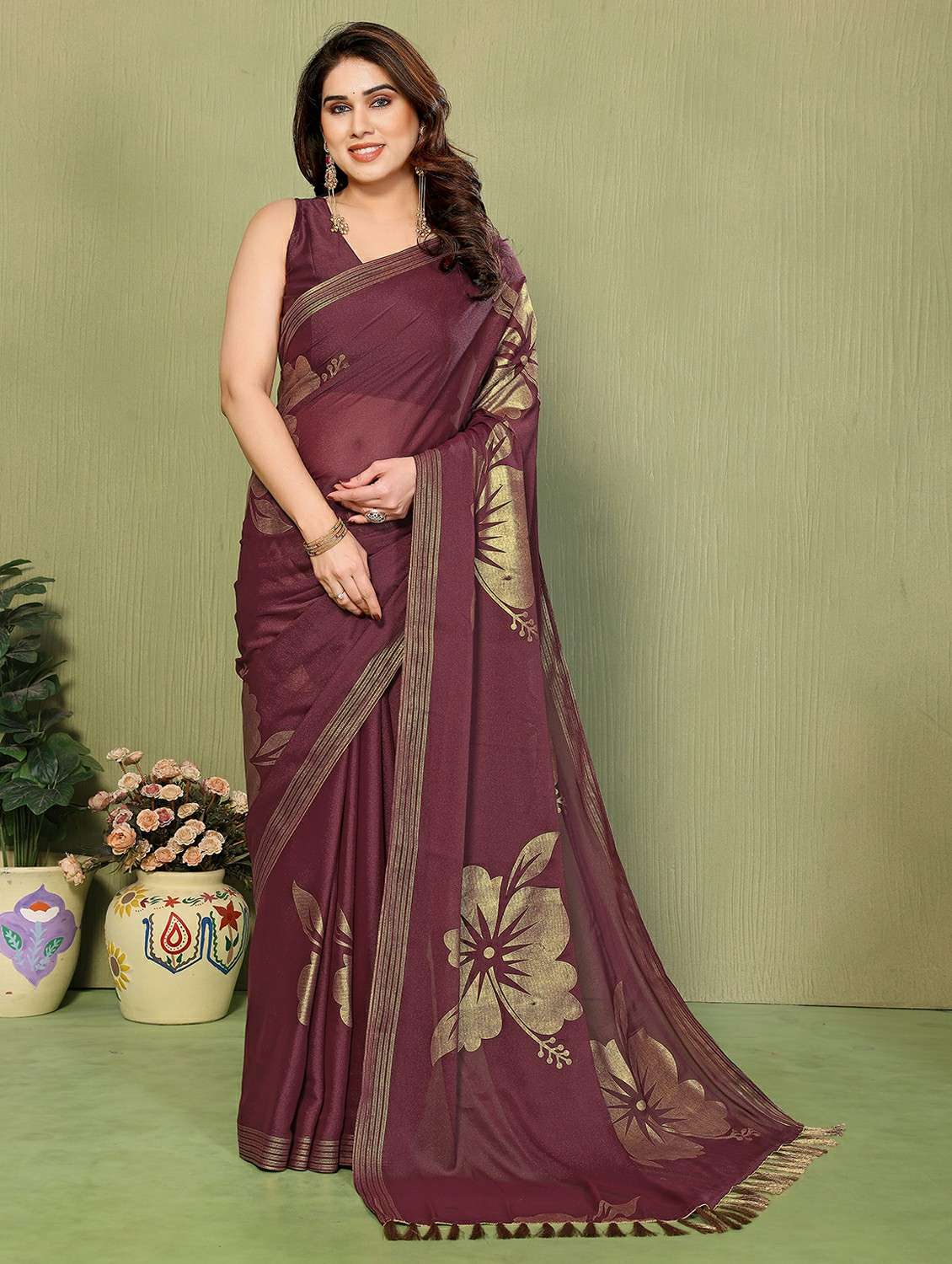 women foil printed saree with blouse