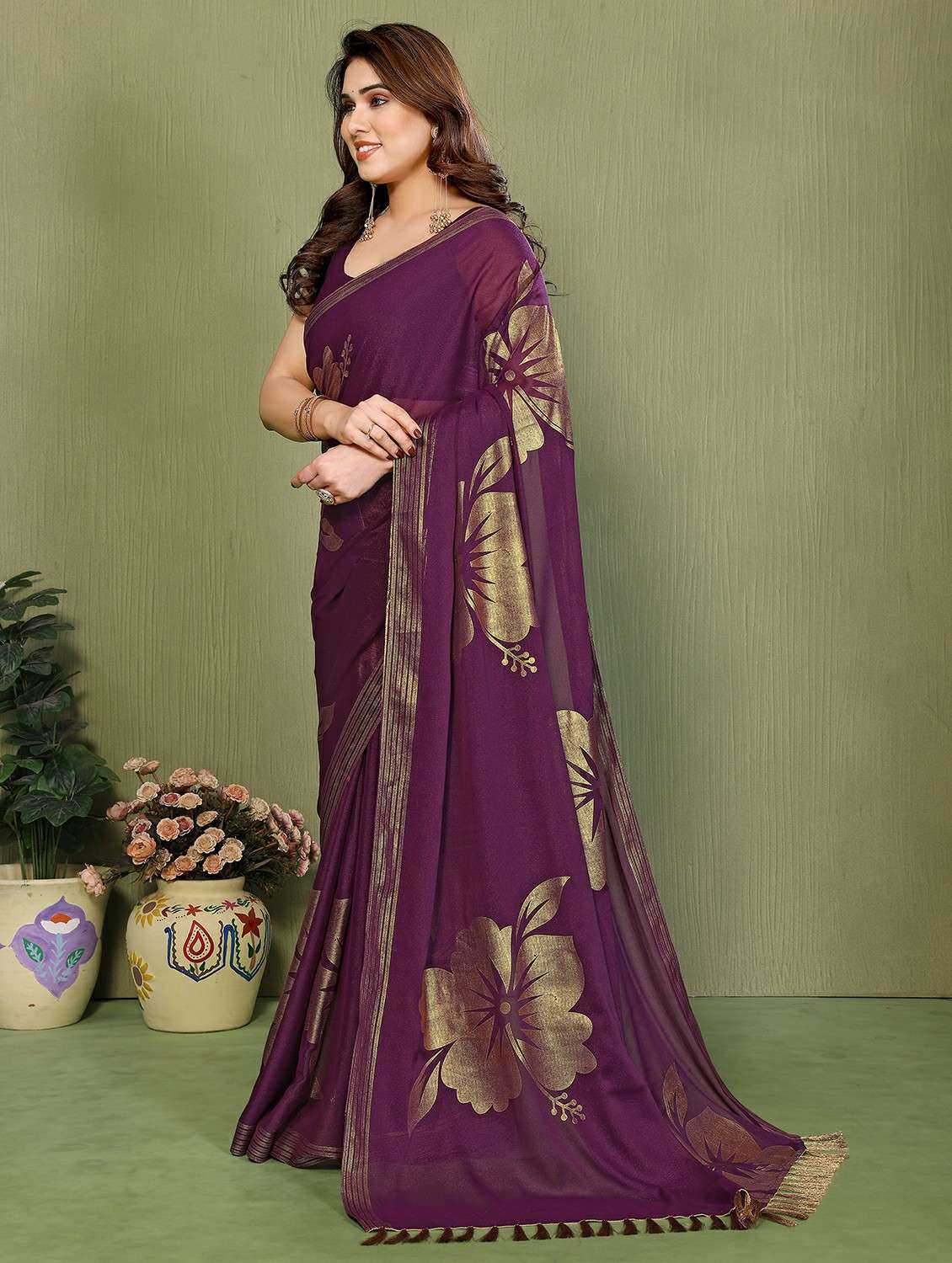 women foil printed saree with blouse - 22489846 -  Standard Image - 3