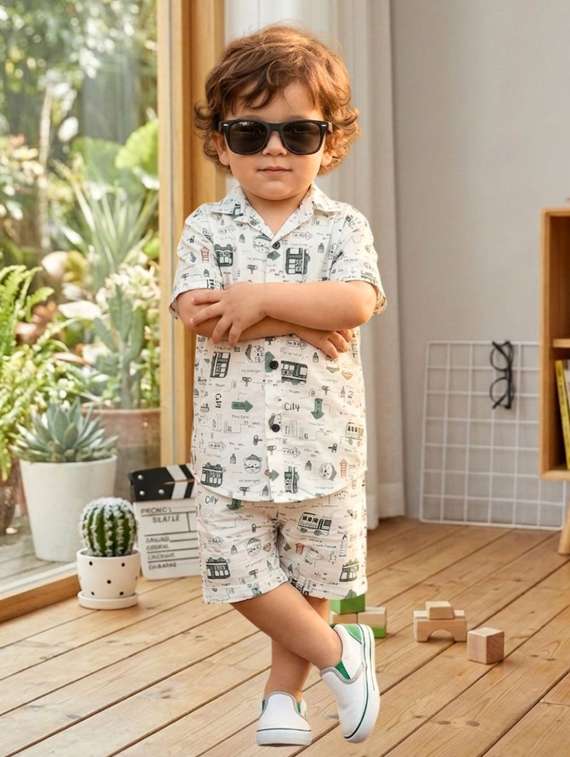 boys printed short sleeves shirt and shorts set