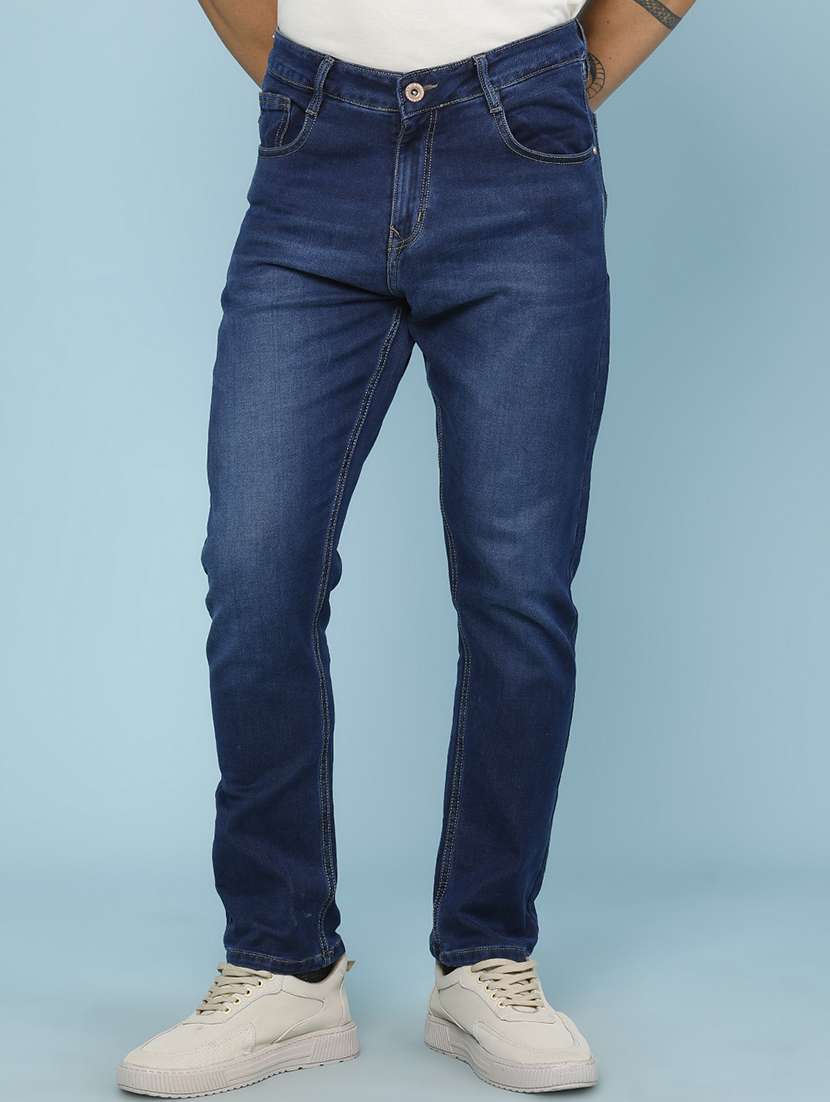 men washed mid rise full length tapered jeans