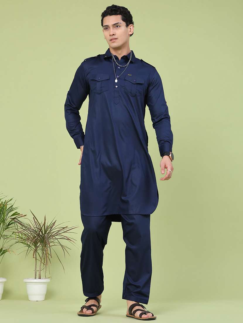 men solid long sleeves pathani kurta set - 22490821 -  Standard Image - 3