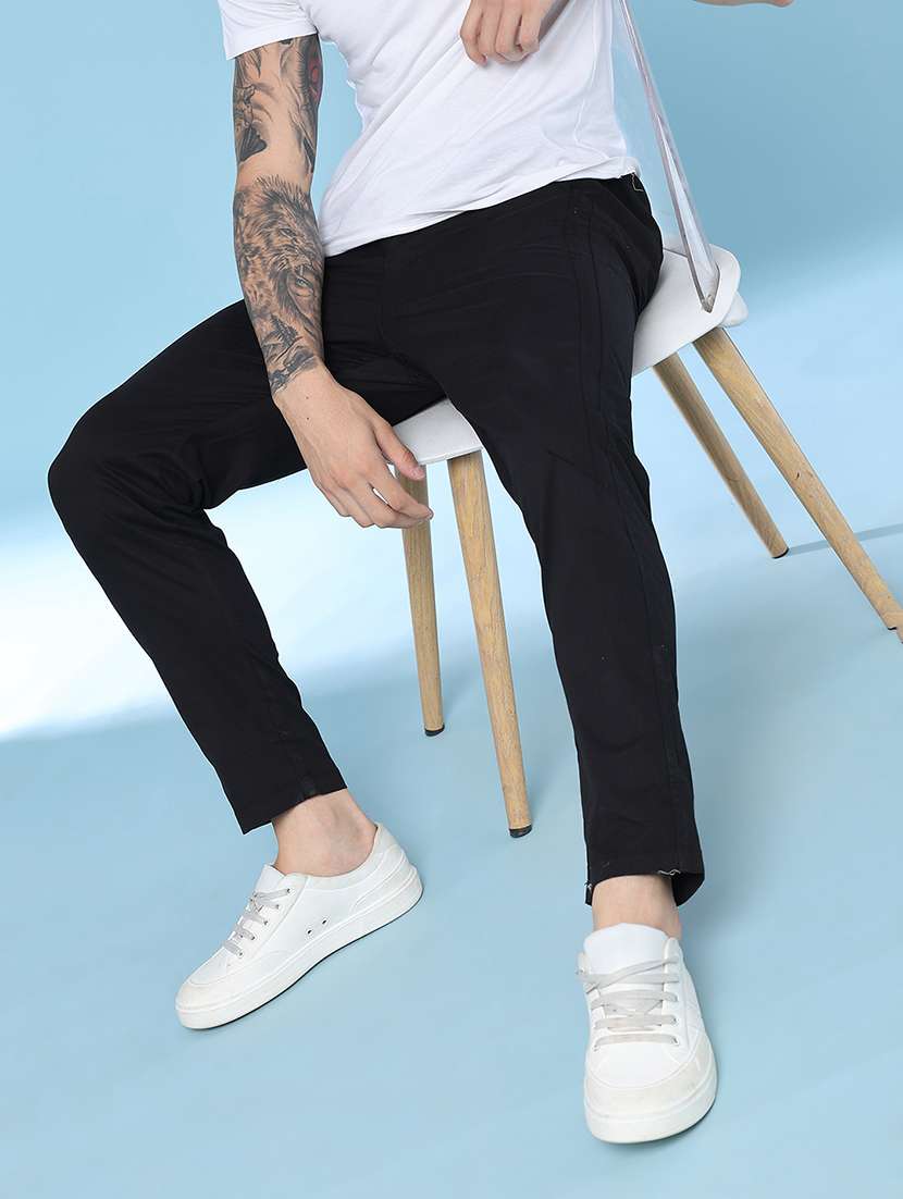 men solid mid rise flat front casual trouser