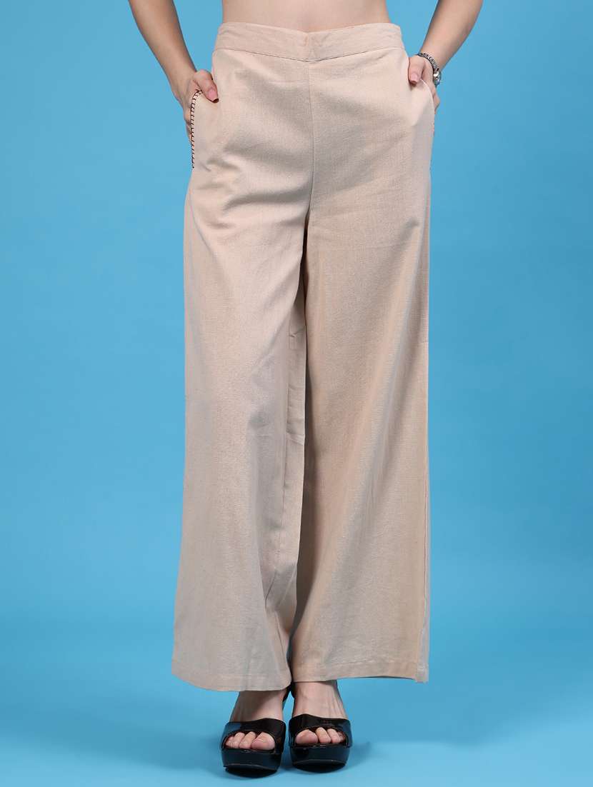 women solid high rise wide leg trouser