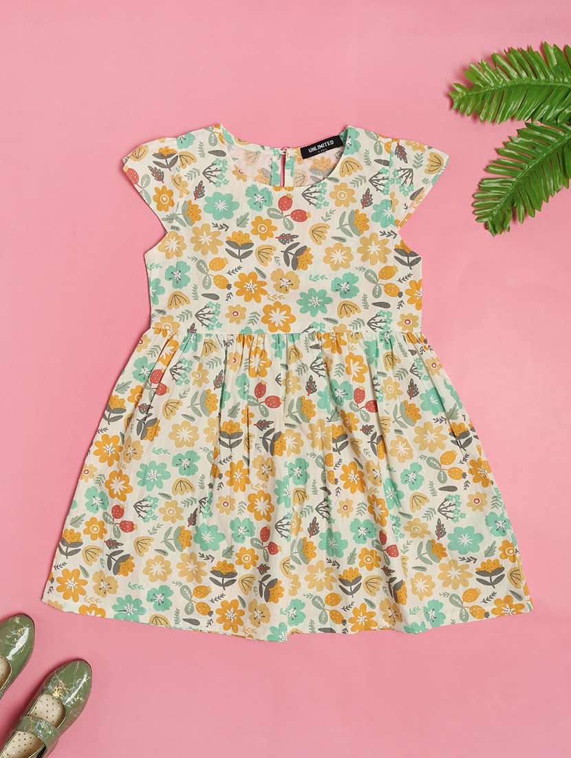 girls printed round neck fit and flare dress
