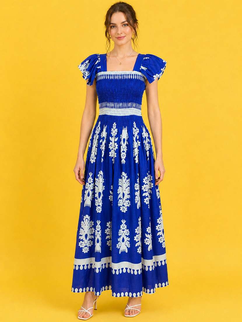 women printed fit and flare maxi dress