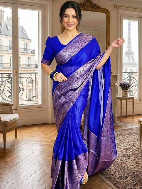 women solid with bordered saree with blouse