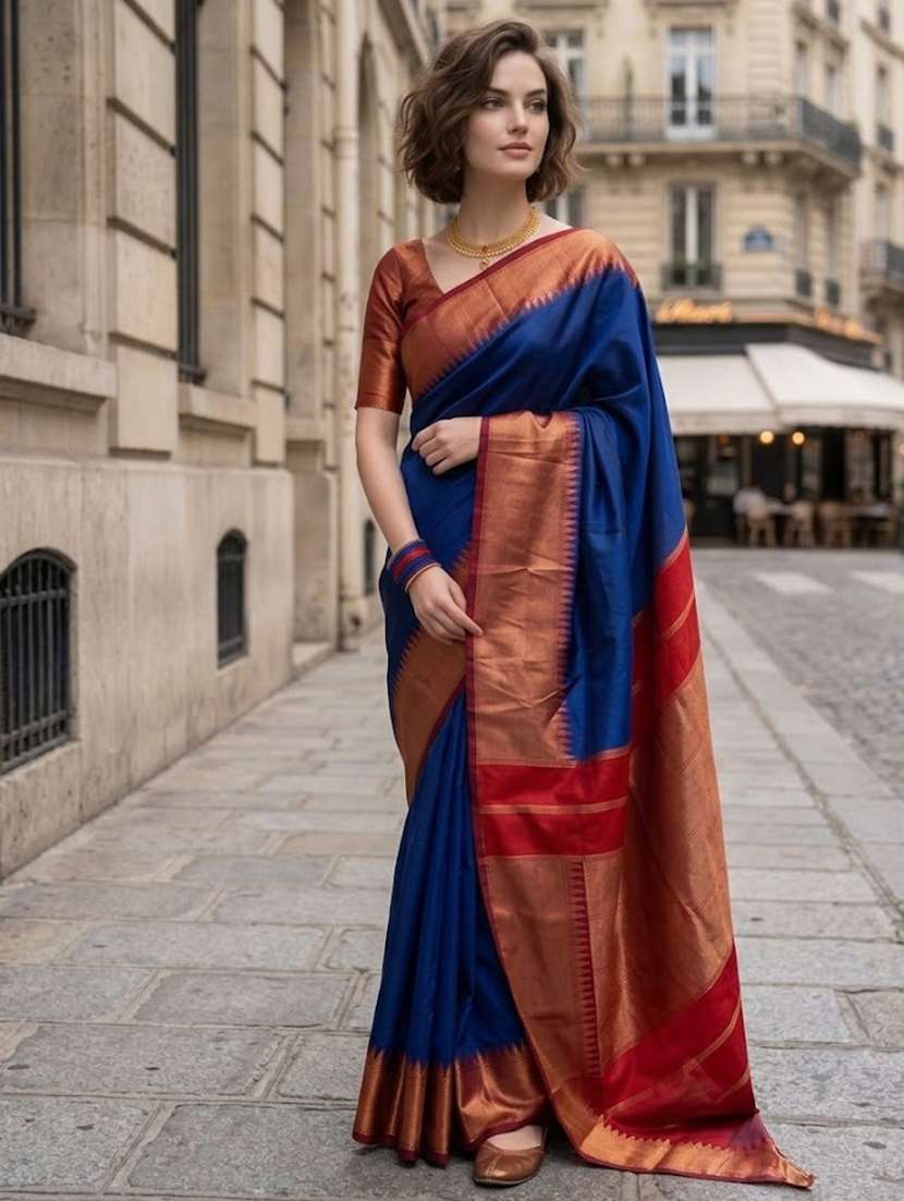 women solid with bordered saree with blouse