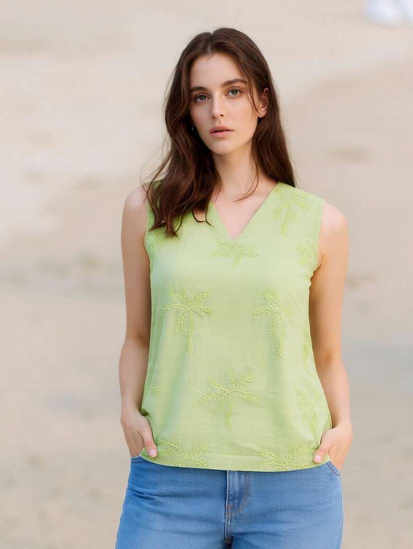 green linen sleeveless v-neck top