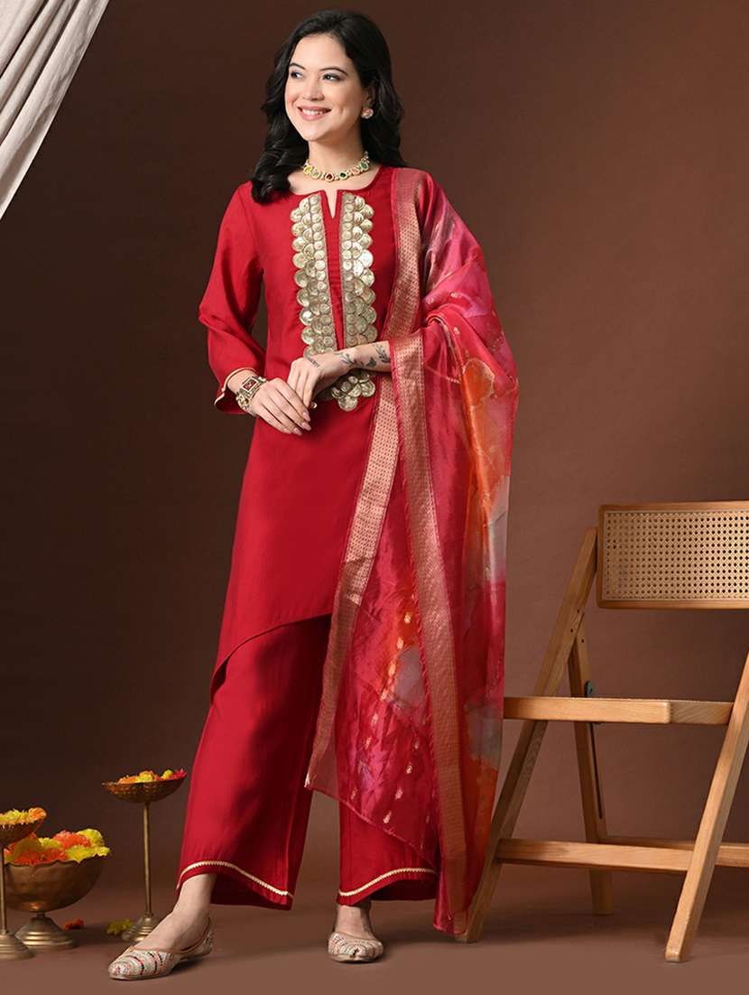 women solid with work kurta pant set with dupatta