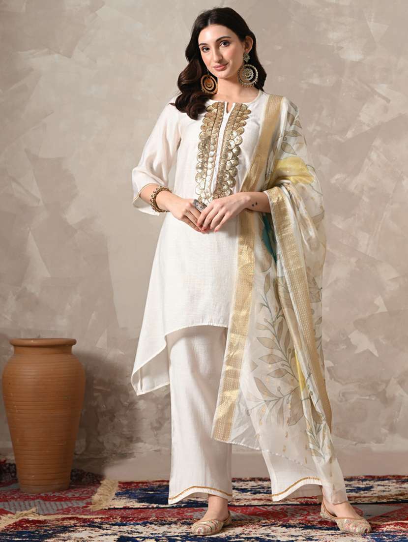 women solid with work kurta pant set with dupatta