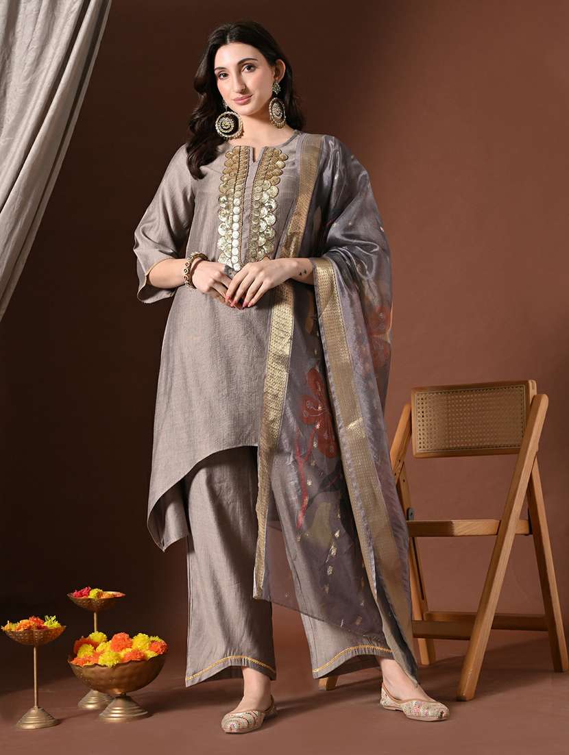 women solid with work kurta pant set with dupatta