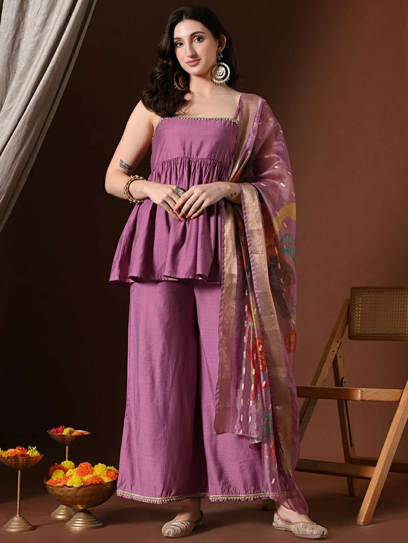 women solid with work sleeveless kurta and palazzo set