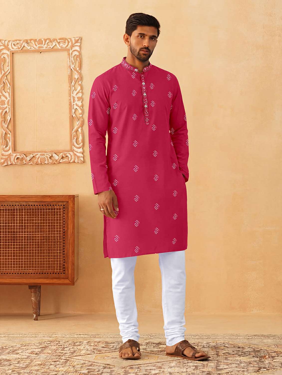 men solid with work mandarin neck kurta pyjama set