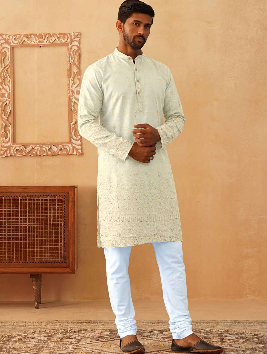 men solid with work mandarin neck kurta pyjama set