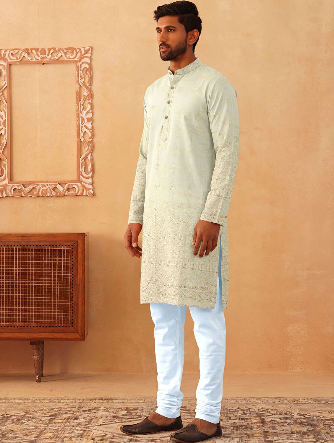 men solid with work mandarin neck kurta pyjama set - 22494818 -  Standard Image - 3