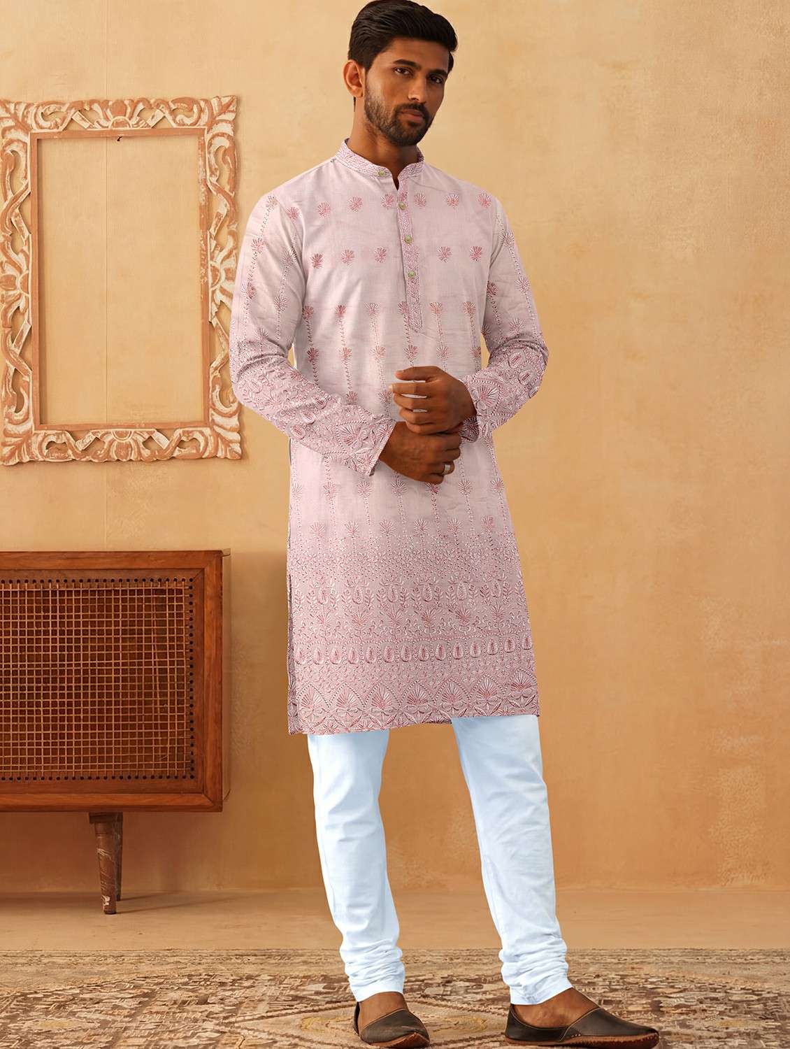 men solid with work mandarin neck kurta pyjama set